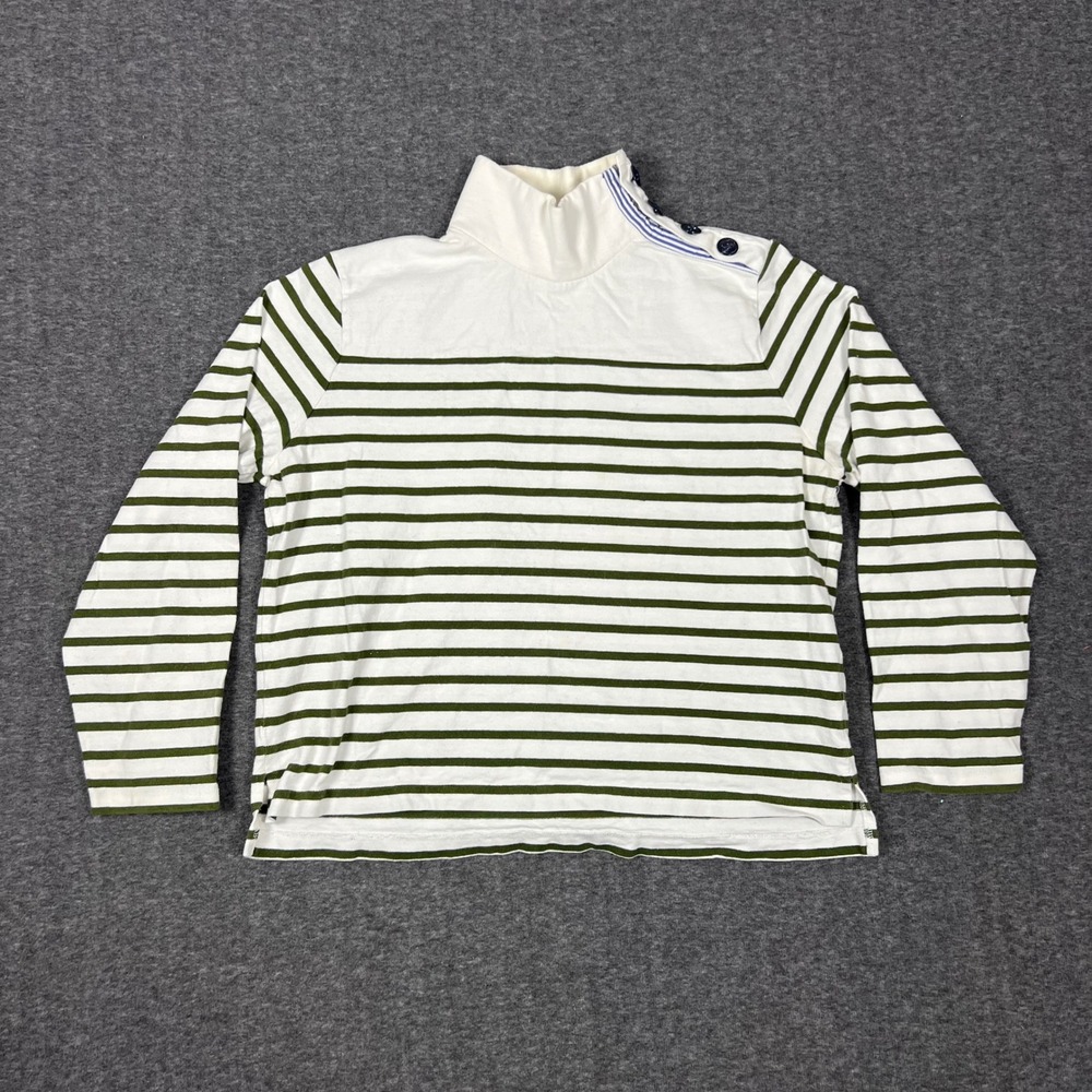 J.Crew Striped Mock Neck Women's Top Large Green White Button Shoulder Nautical
